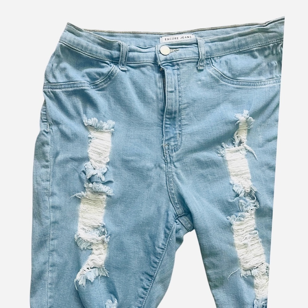 Encore Jeans denim light blue raw hem distressed shorts 1X ripped detail stretch - Picture 13 of 13